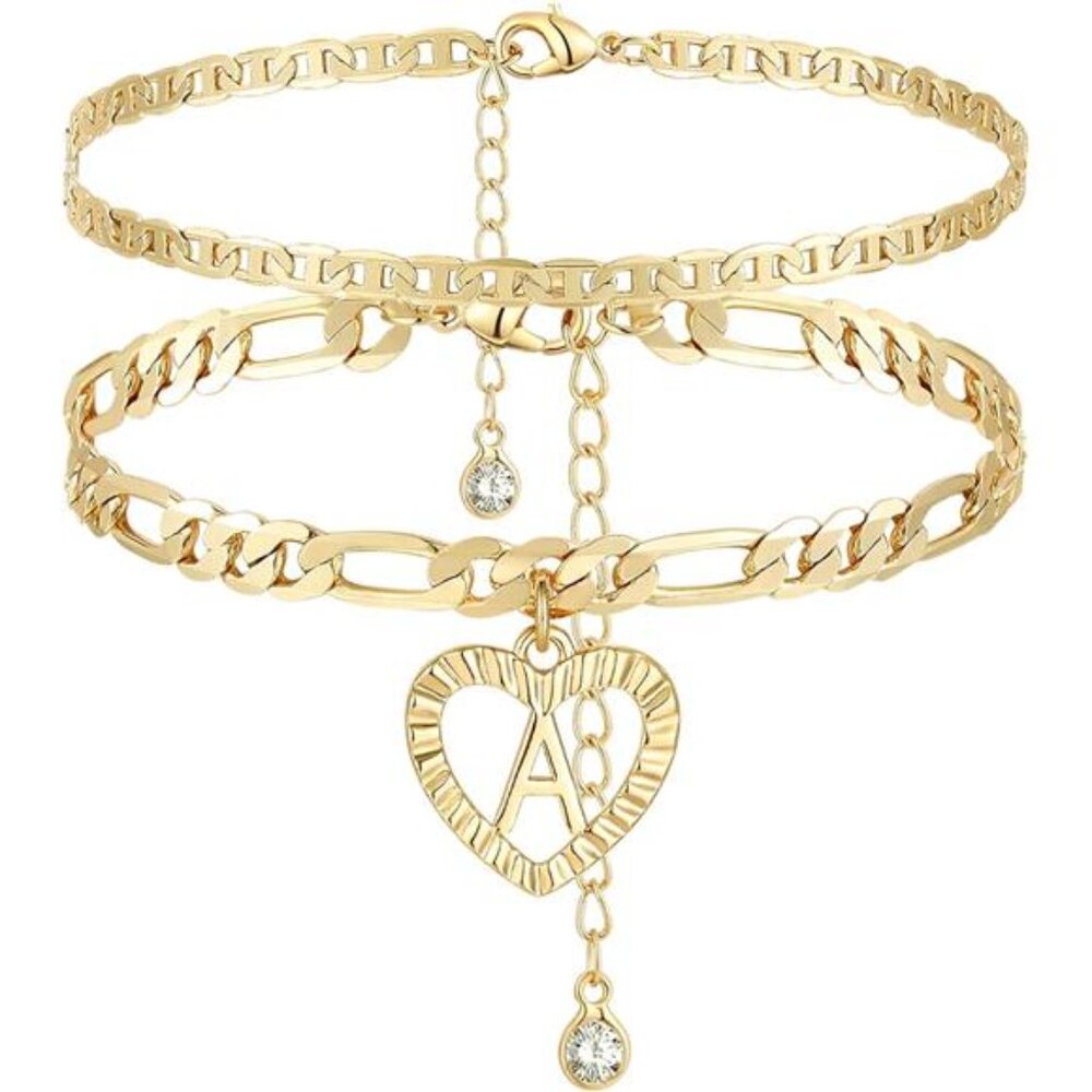 Initial Ankle Bracelets for Women 14K Gold Plated Layered Figaro Chain